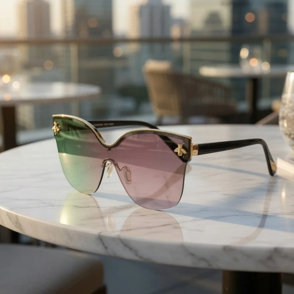 Oversized Sunglasses Pink Mirror Flat Lens‎ Fashion Rimless Shield Women Cat Eye